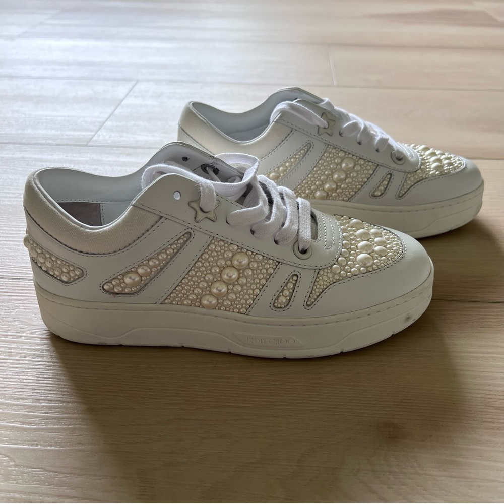 Jimmy Choo Hawaii Faux Pearl Embellished Leather Sneakers